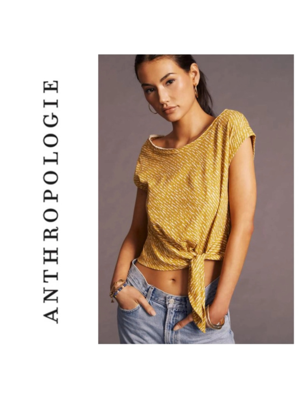 Women's Anthropologie Mustard White Print Tie-Front Tee S linen blend